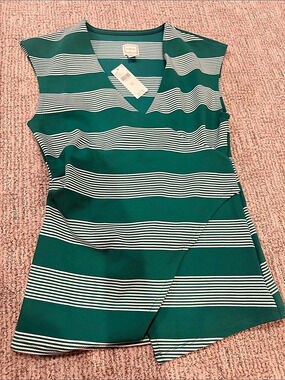 Maeve Sleeveless V-Neck Wrap Top Striped in Green & White XS